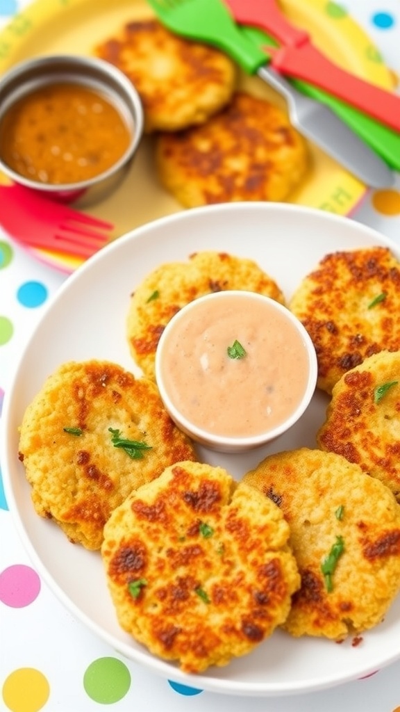 Golden quinoa patties on a plate with herbs and dipping sauce, suitable for toddlers.